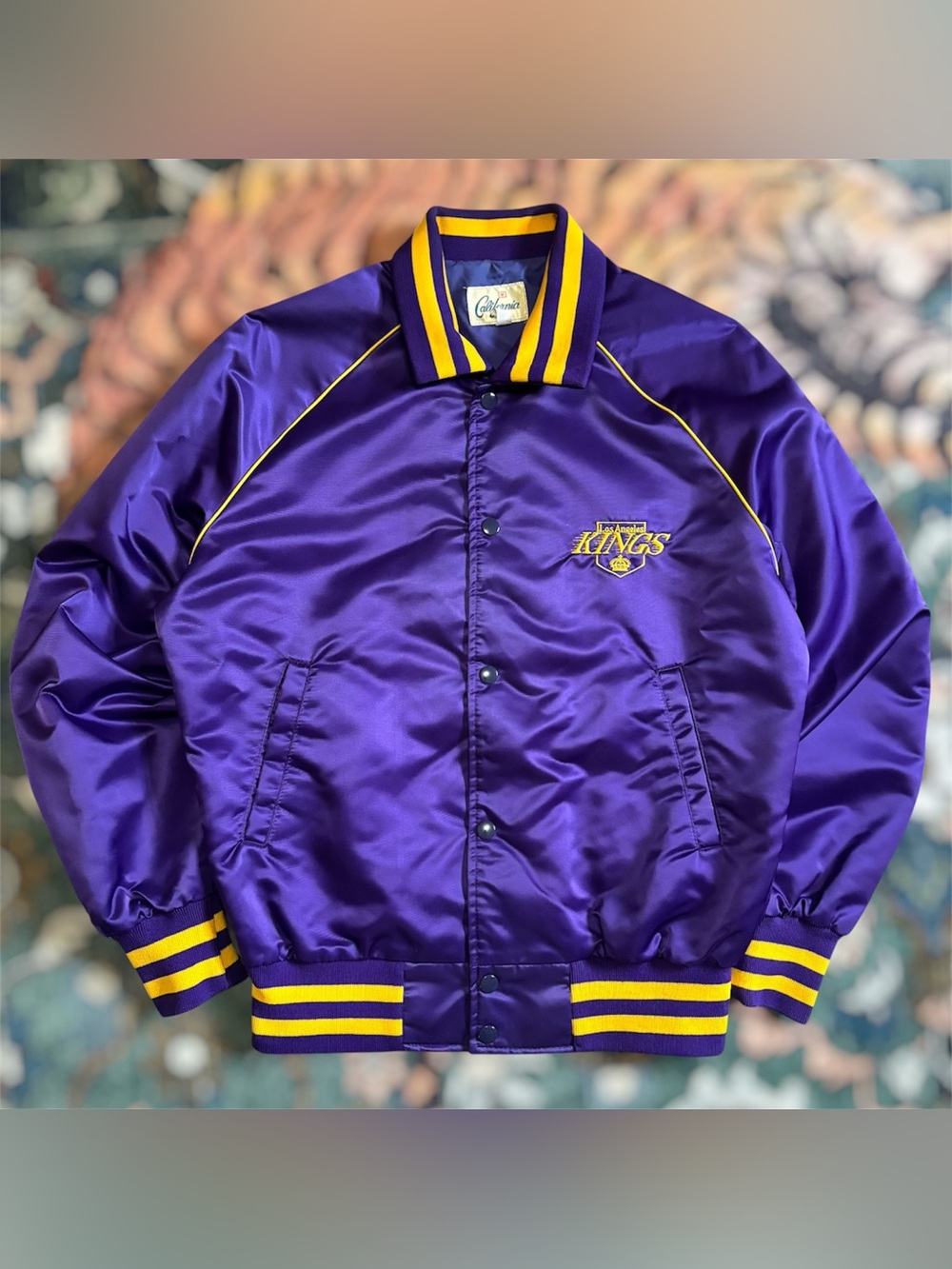 Vintage 80s Los Angeles Kings NHL Hockey Satin Bomber Jacket Purple Gold EUC